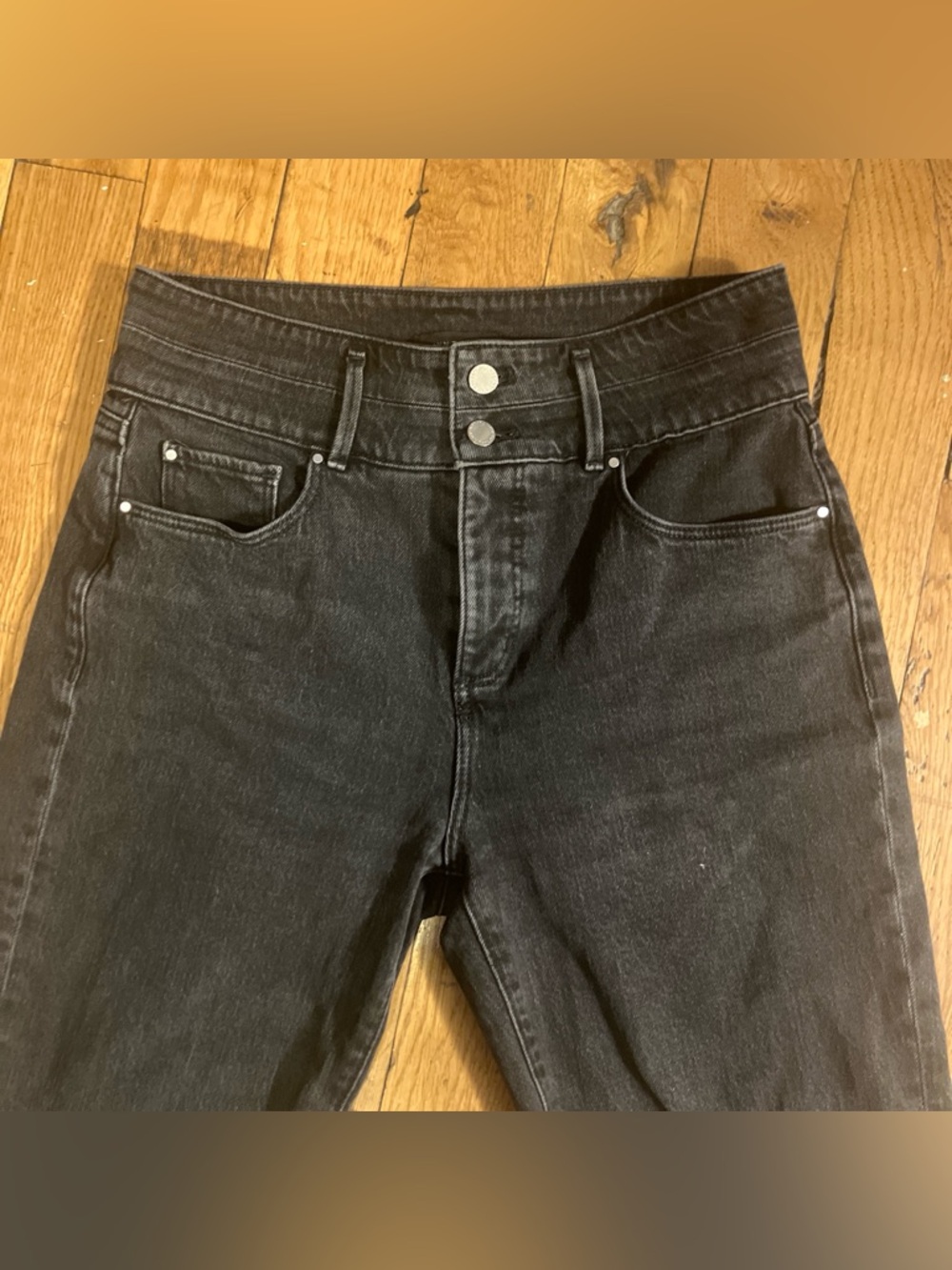 High-Waist Black Denim Double Button Jeans